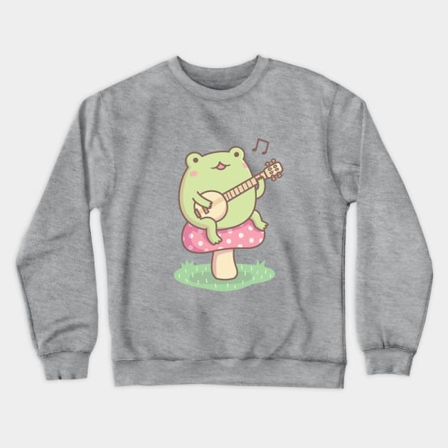 Cute Frog Playing Banjo On Toadstool Crewneck Sweatshirt by rustydoodle